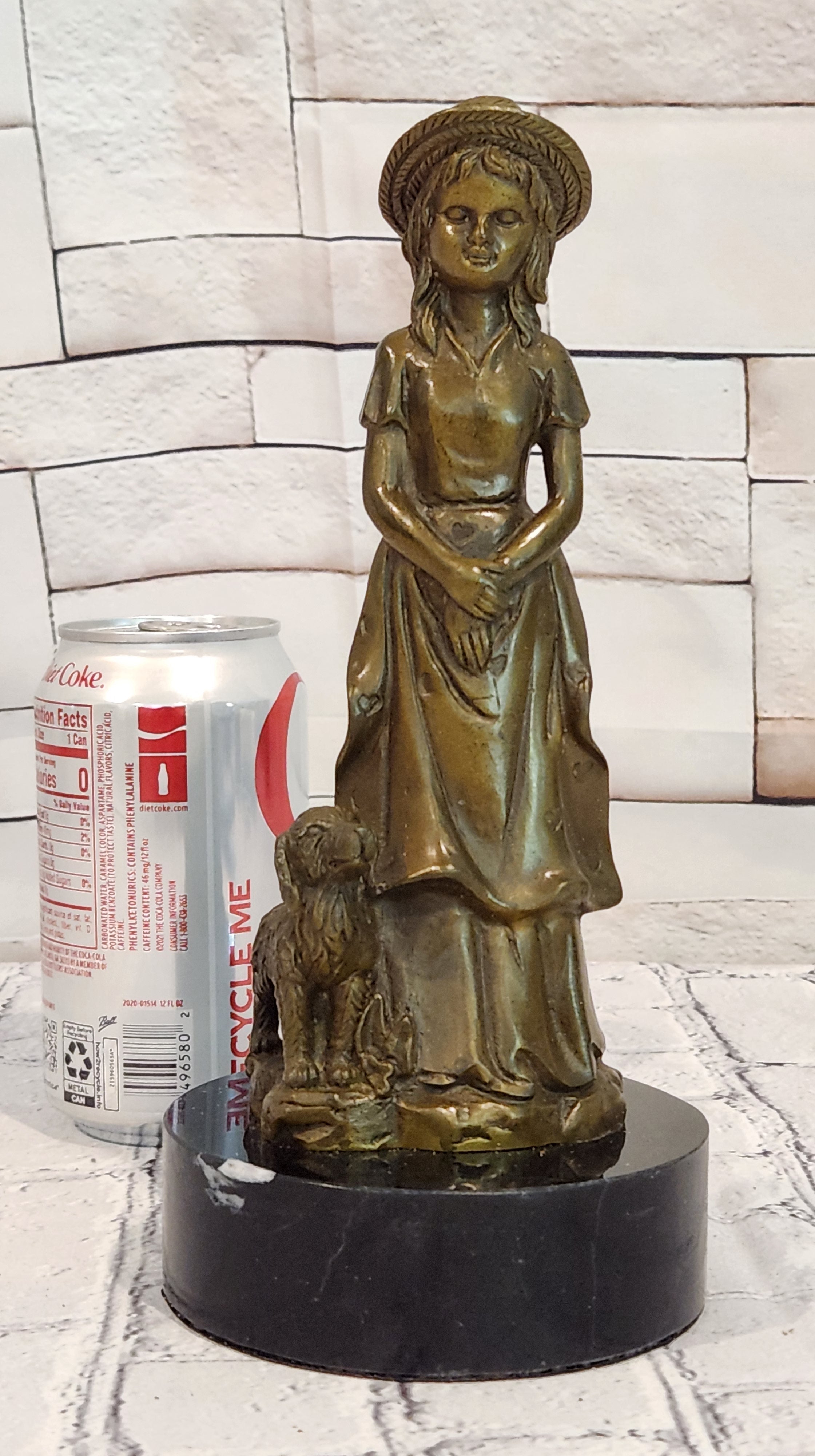 Signed M. Lopez Vintage Woman Female with Her Faithfull Dog Bronze Sculpture