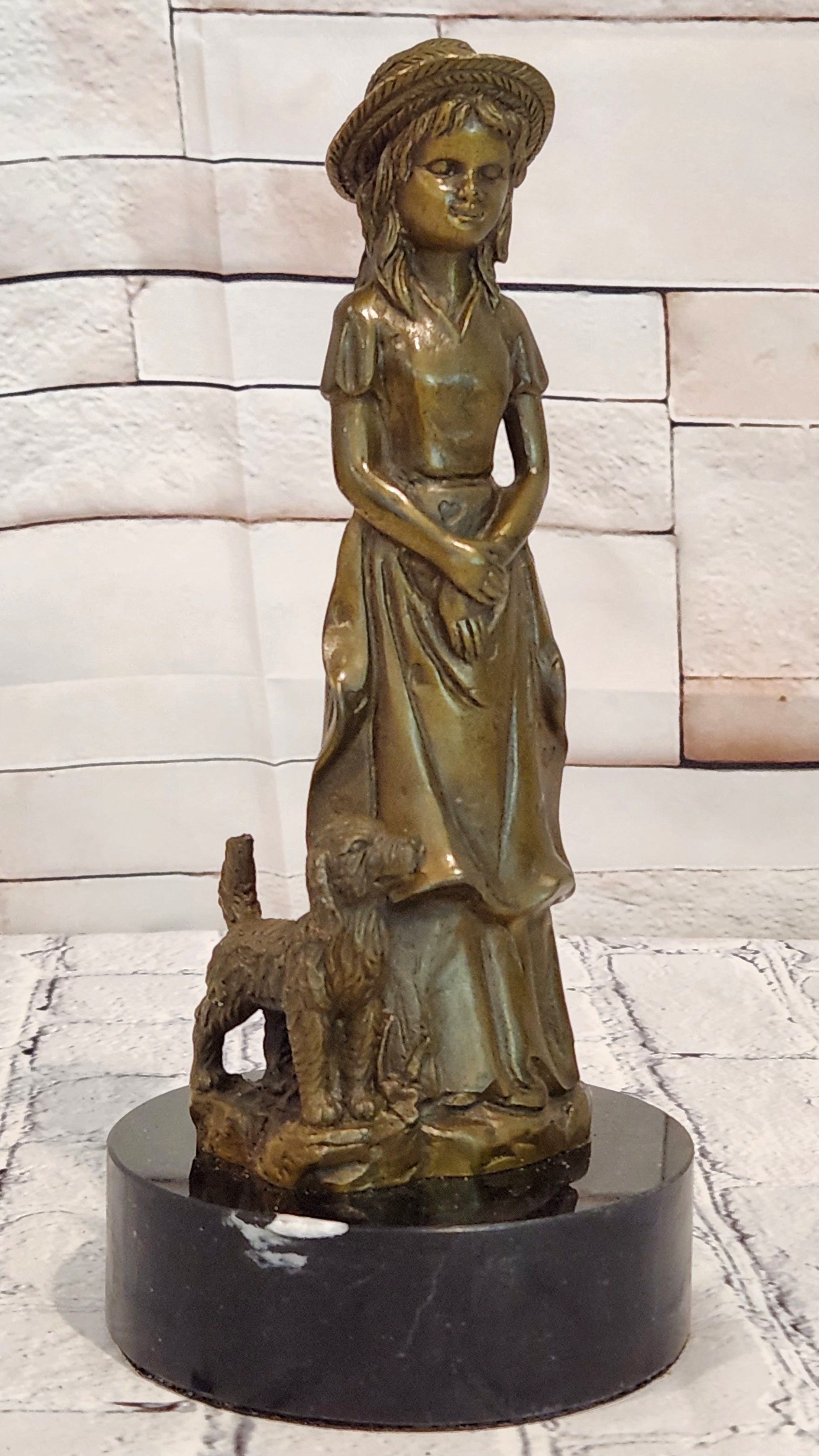 Signed M. Lopez Vintage Woman Female with Her Faithfull Dog Bronze Sculpture