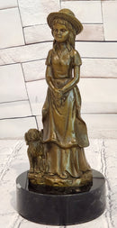 Signed M. Lopez Vintage Woman Female with Her Faithfull Dog Bronze Sculpture