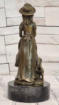 Signed M. Lopez Vintage Woman Female with Her Faithfull Dog Bronze Sculpture