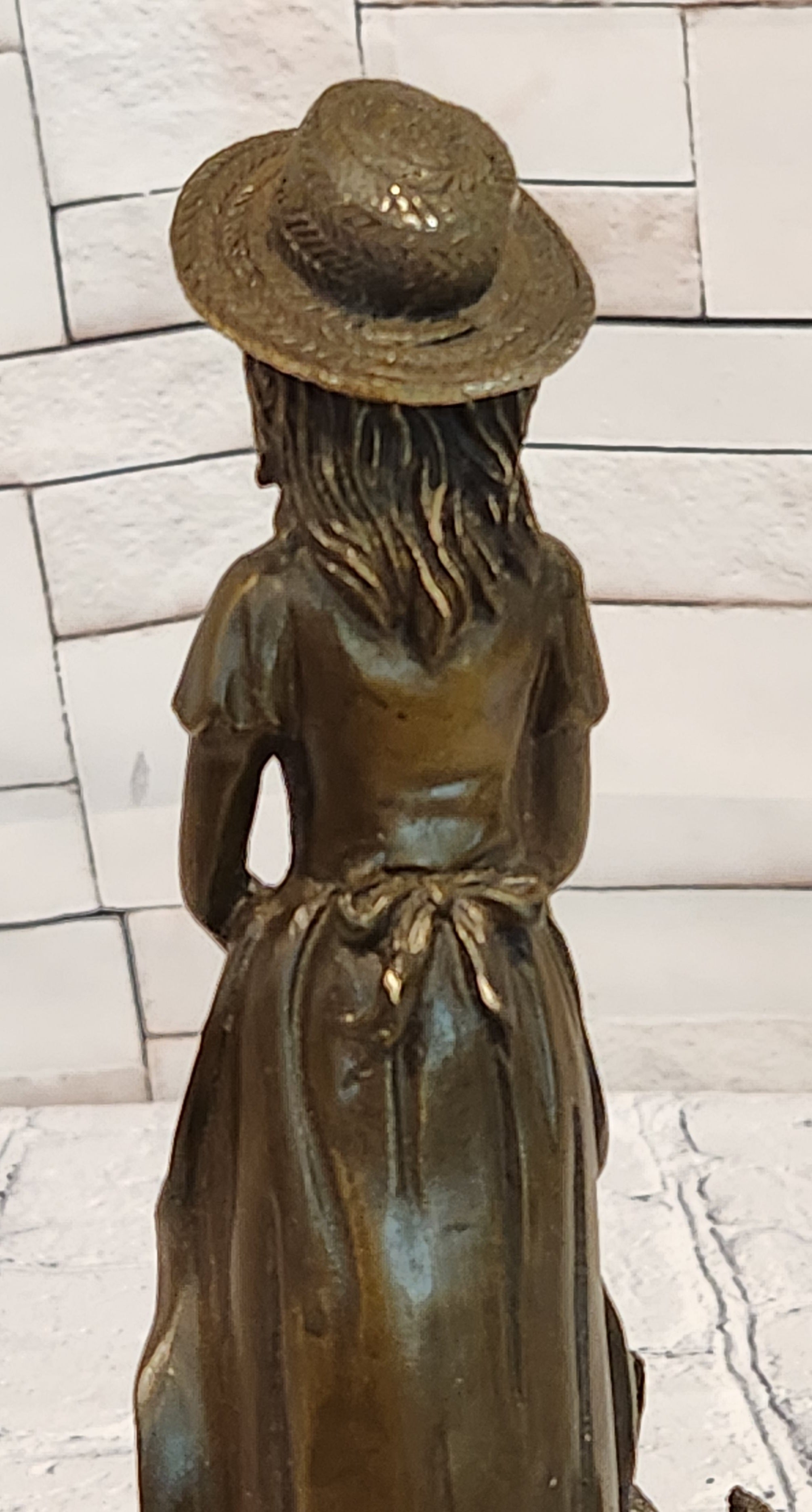 Signed M. Lopez Vintage Woman Female with Her Faithfull Dog Bronze Sculpture