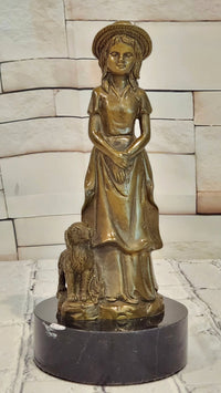 Signed M. Lopez Vintage Woman Female with Her Faithfull Dog Bronze Sculpture