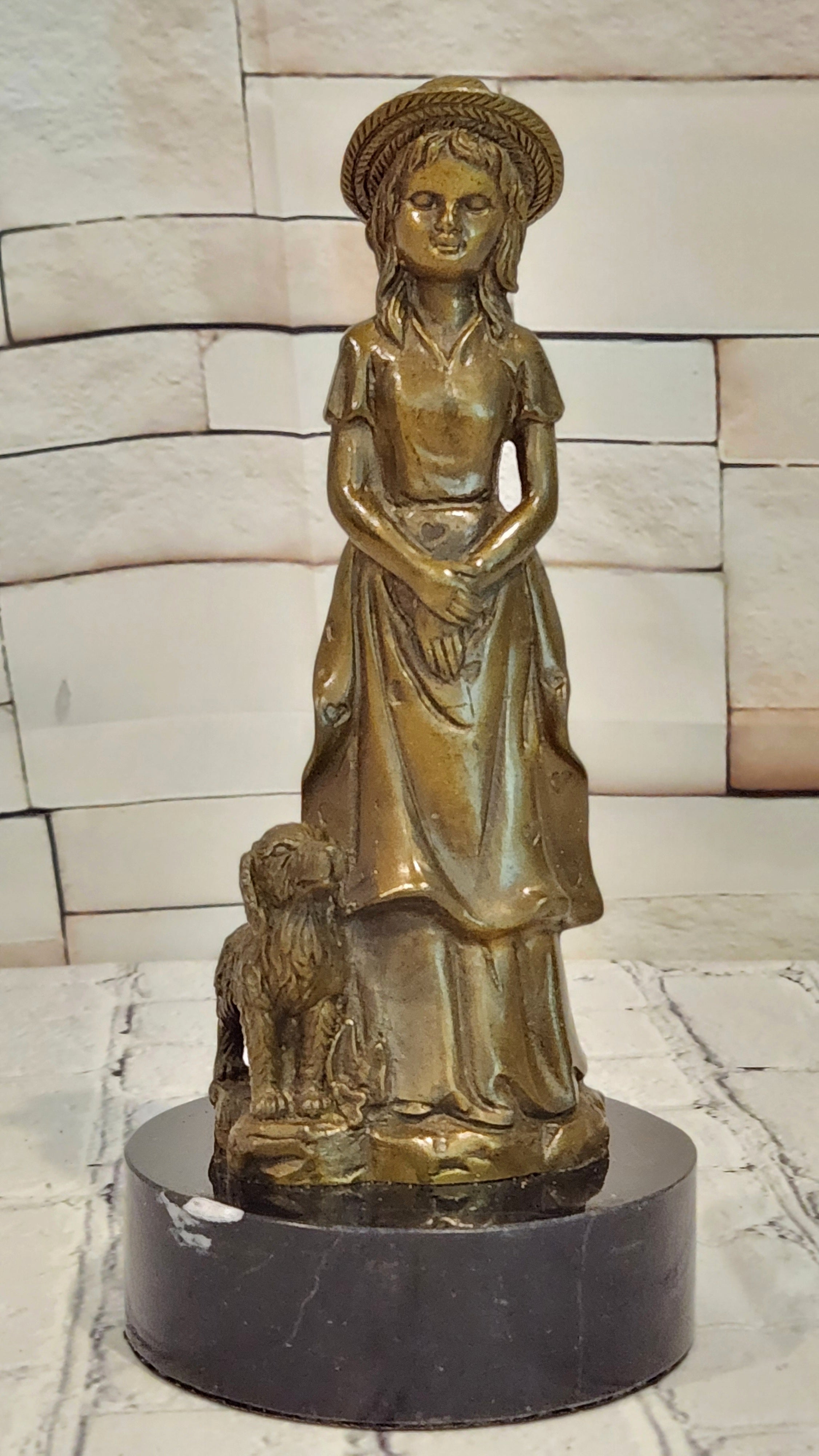 Signed M. Lopez Vintage Woman Female with Her Faithfull Dog Bronze Sculpture