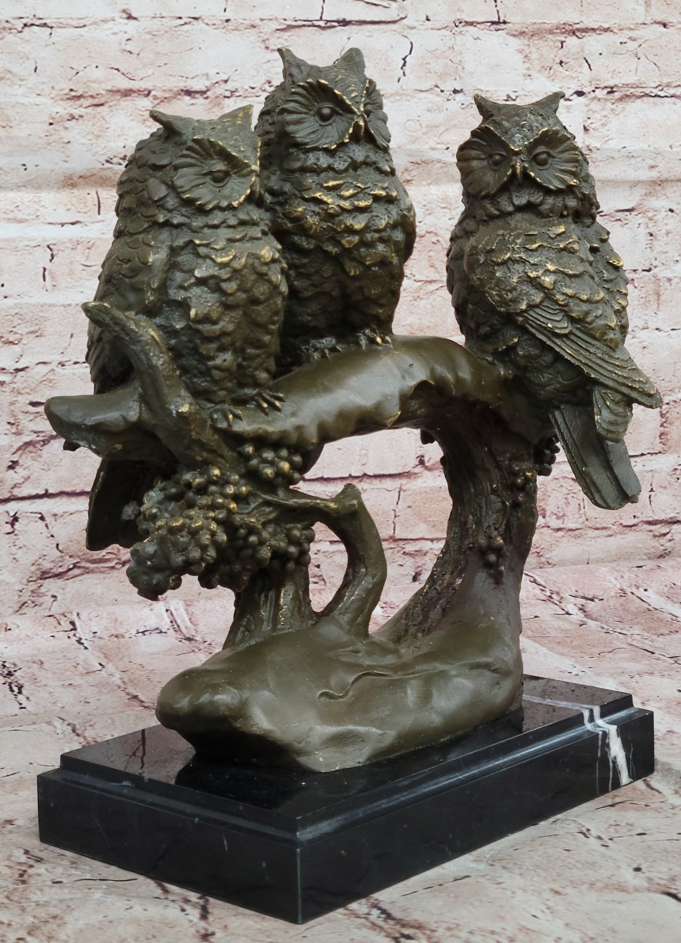 Bronze Owl Trio – Wise Owls on Branch