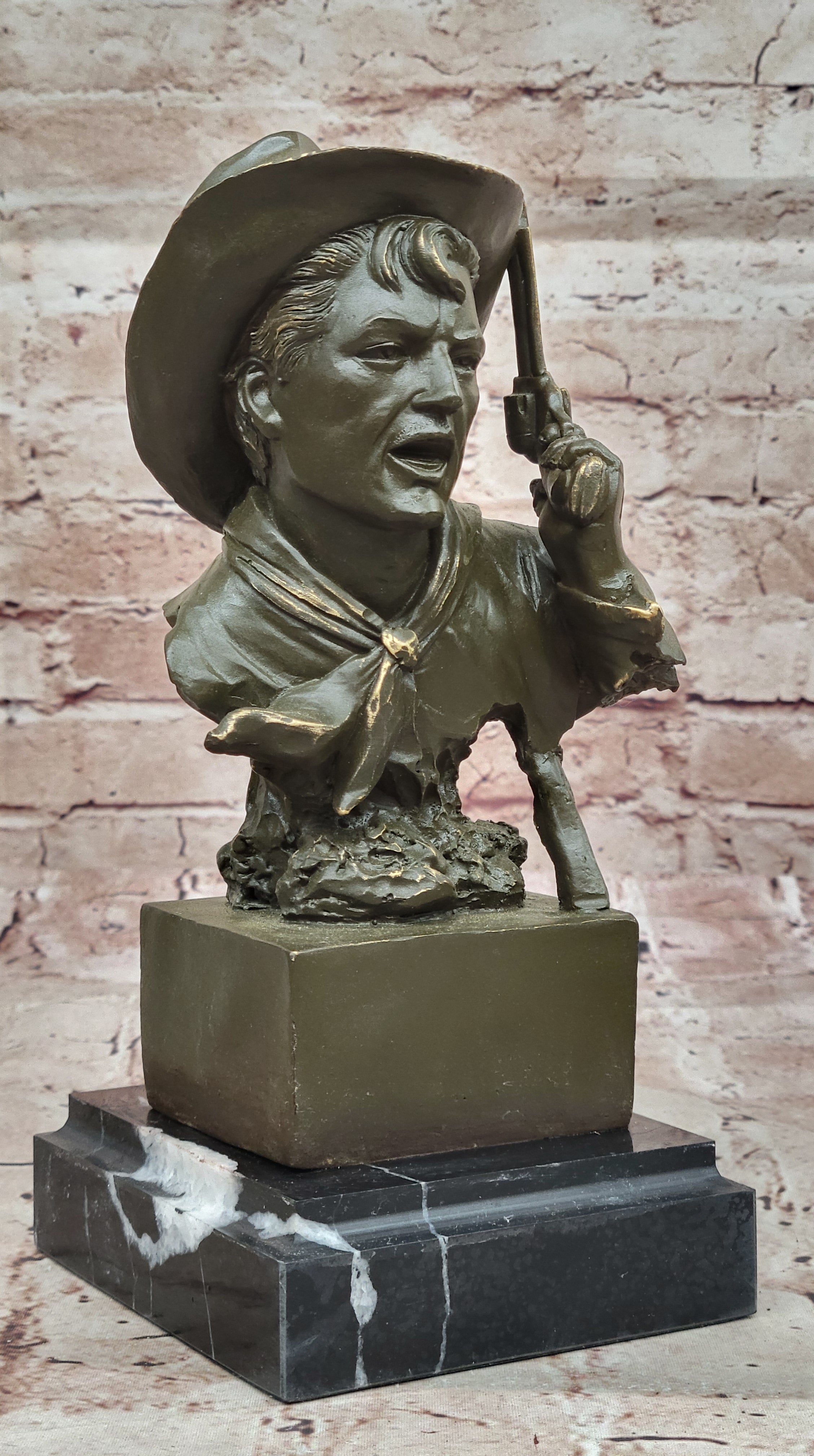 Cowboy Bronze Bust with Revolver – Western Americana Art