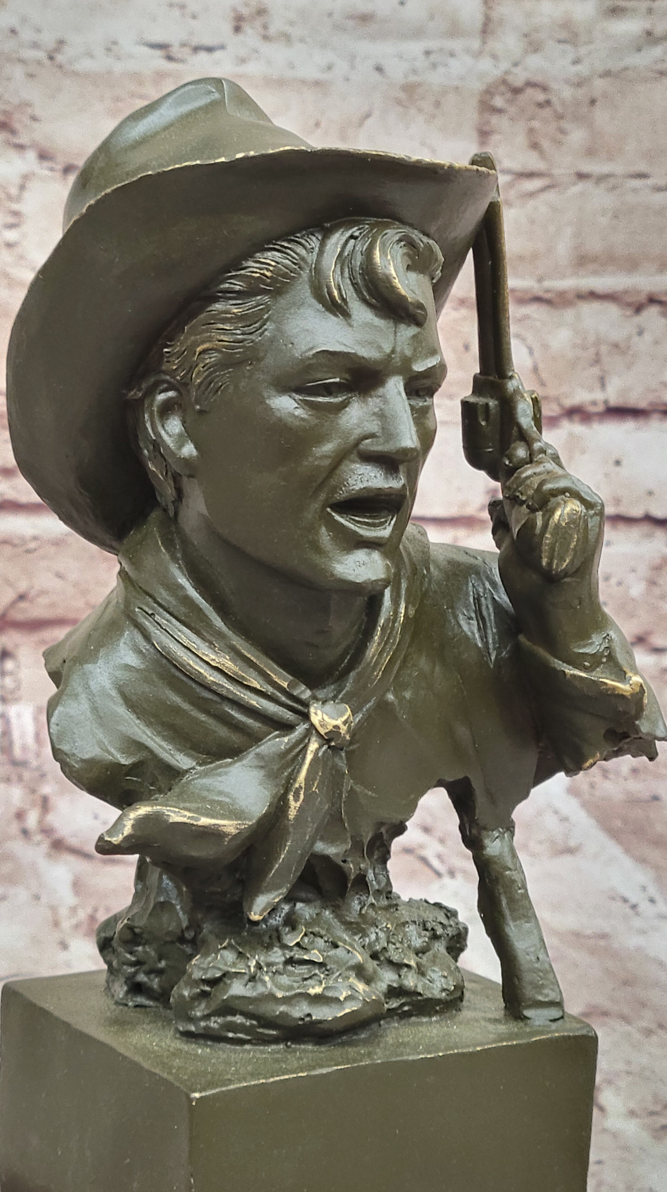 Cowboy Bronze Bust with Revolver – Western Americana Art