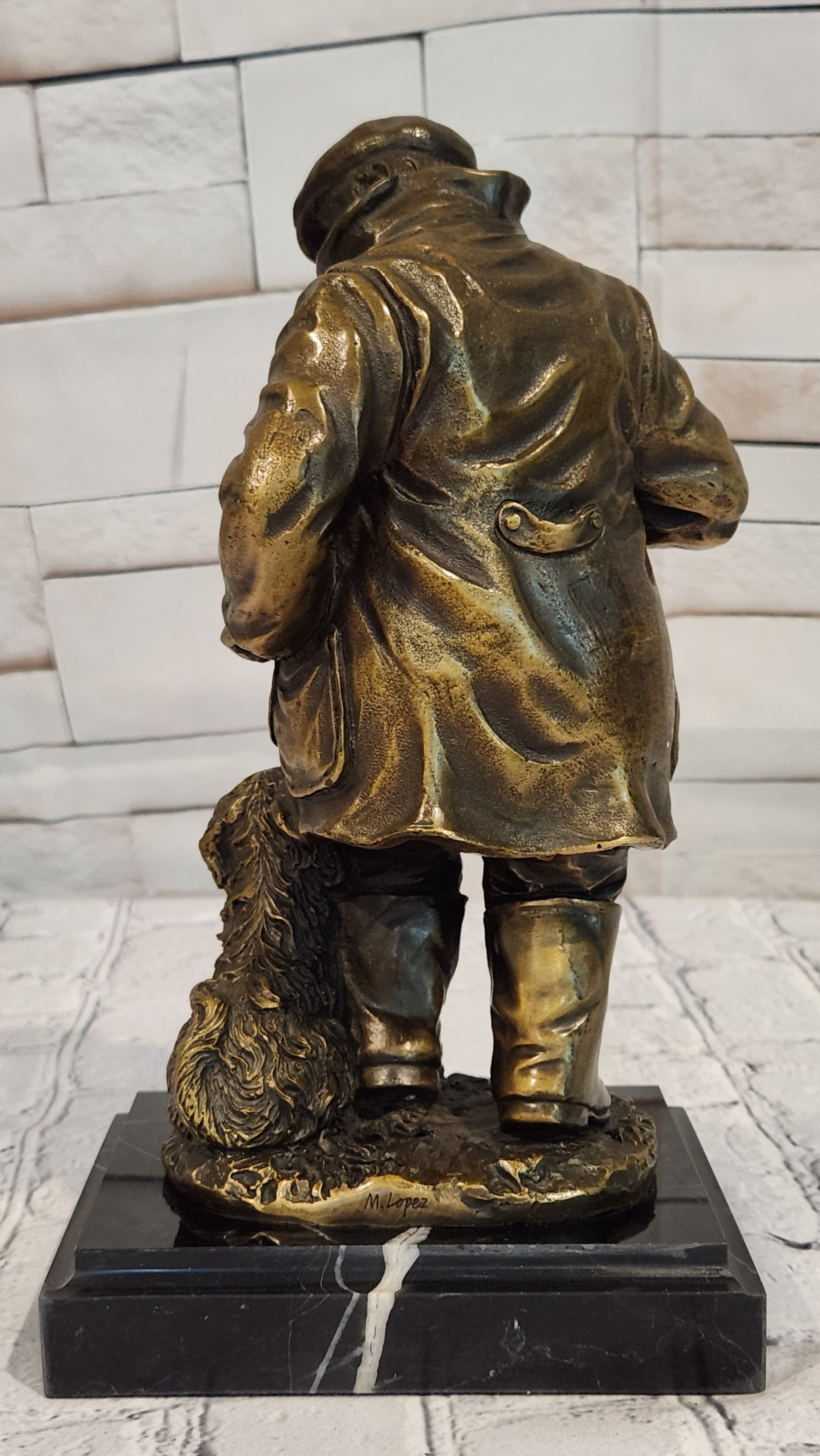 Signed Original Miguel Lopez Fisherman with Faithfull Dog Bronze Sculpture Statue