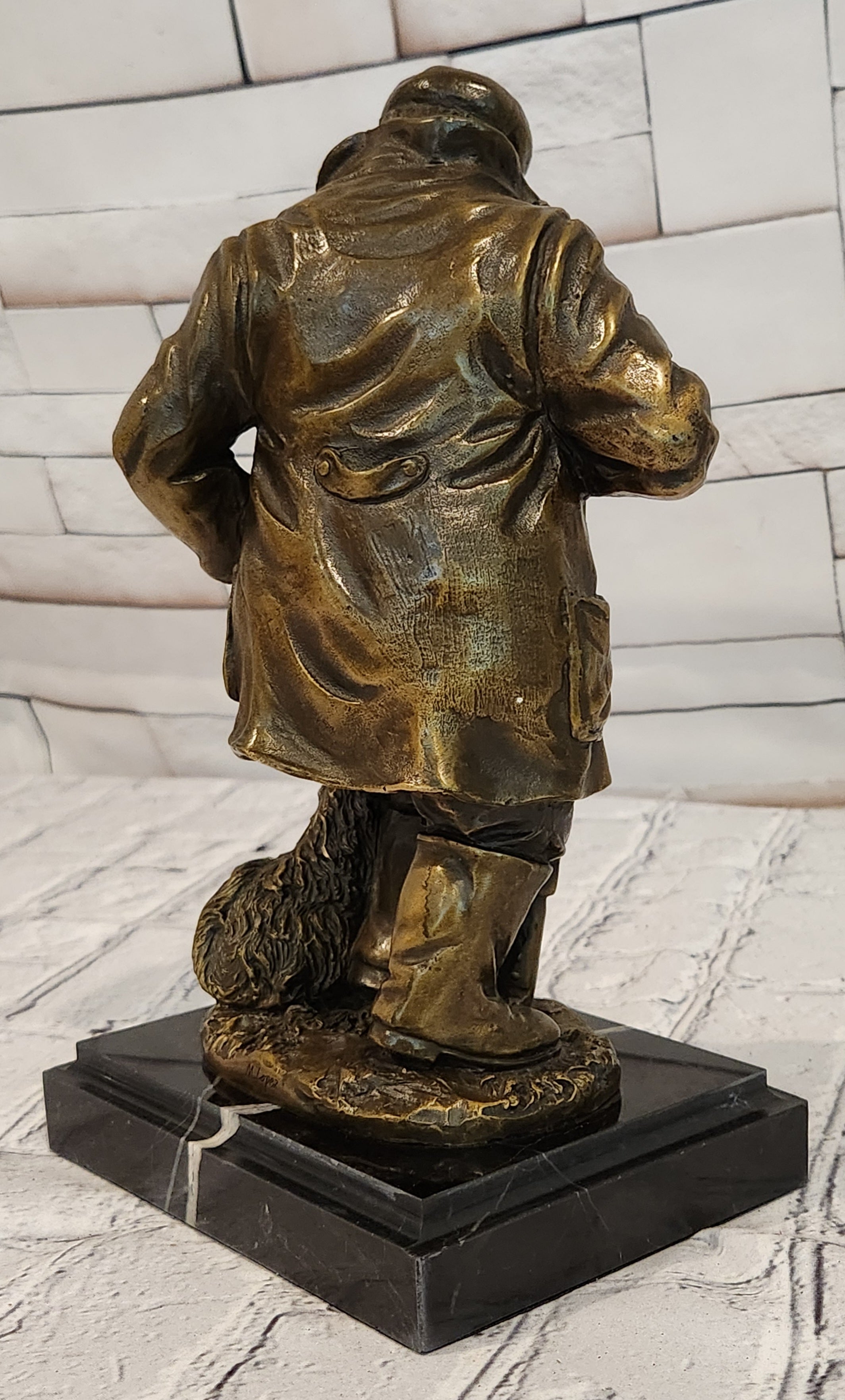 Signed Original Miguel Lopez Fisherman with Faithfull Dog Bronze Sculpture Statue