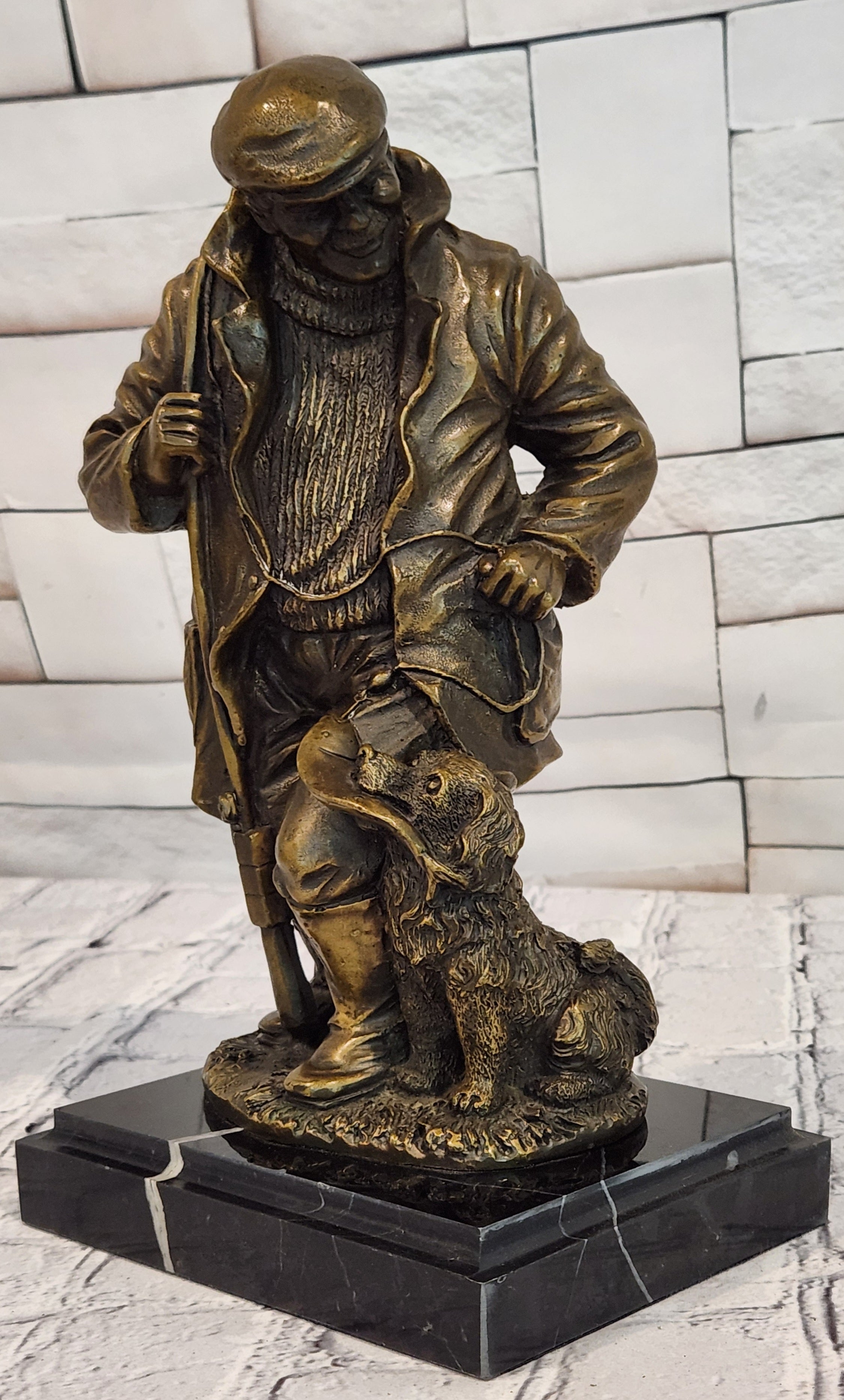 Signed Original Miguel Lopez Fisherman with Faithfull Dog Bronze Sculpture Statue