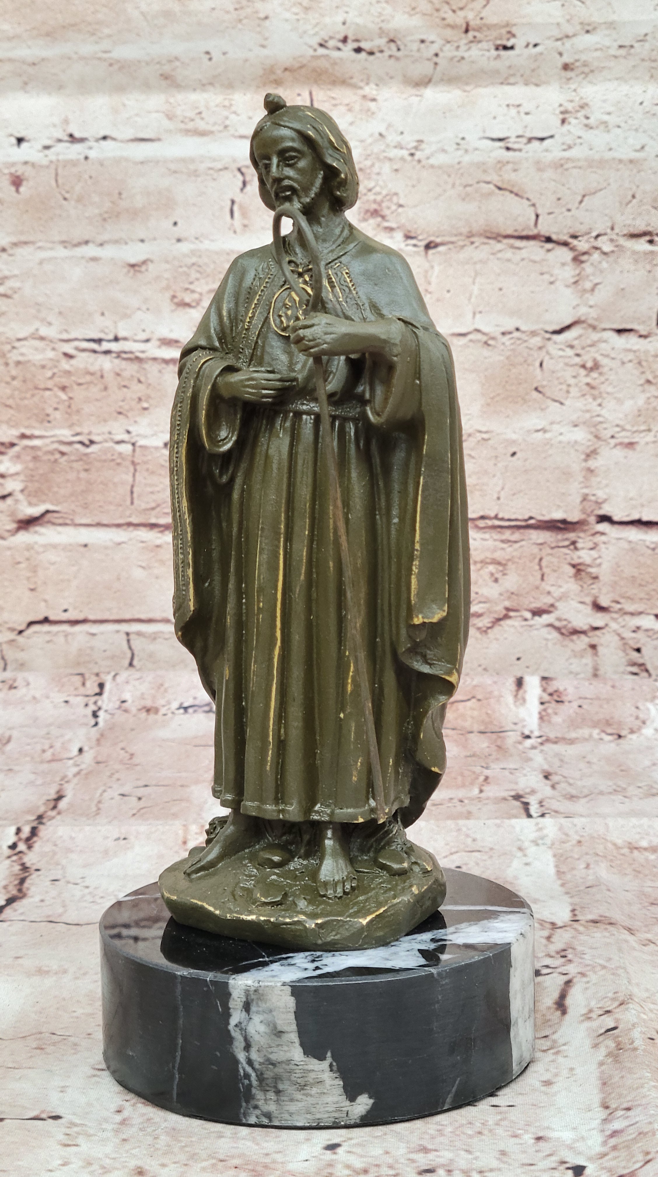 Bronze Saint Jude Sculpture Holding Staff on Marble Base