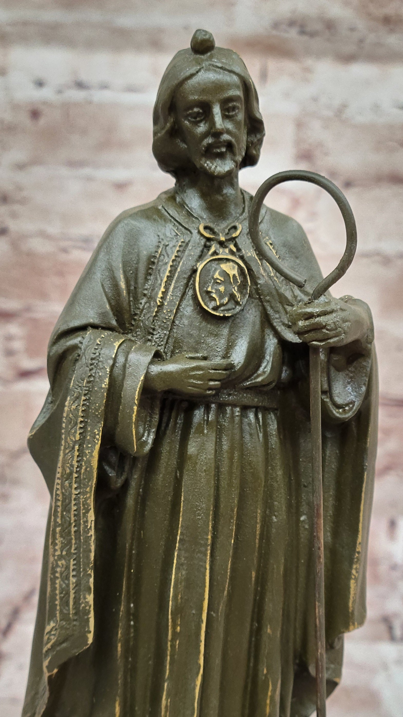 Bronze Saint Jude Sculpture Holding Staff on Marble Base