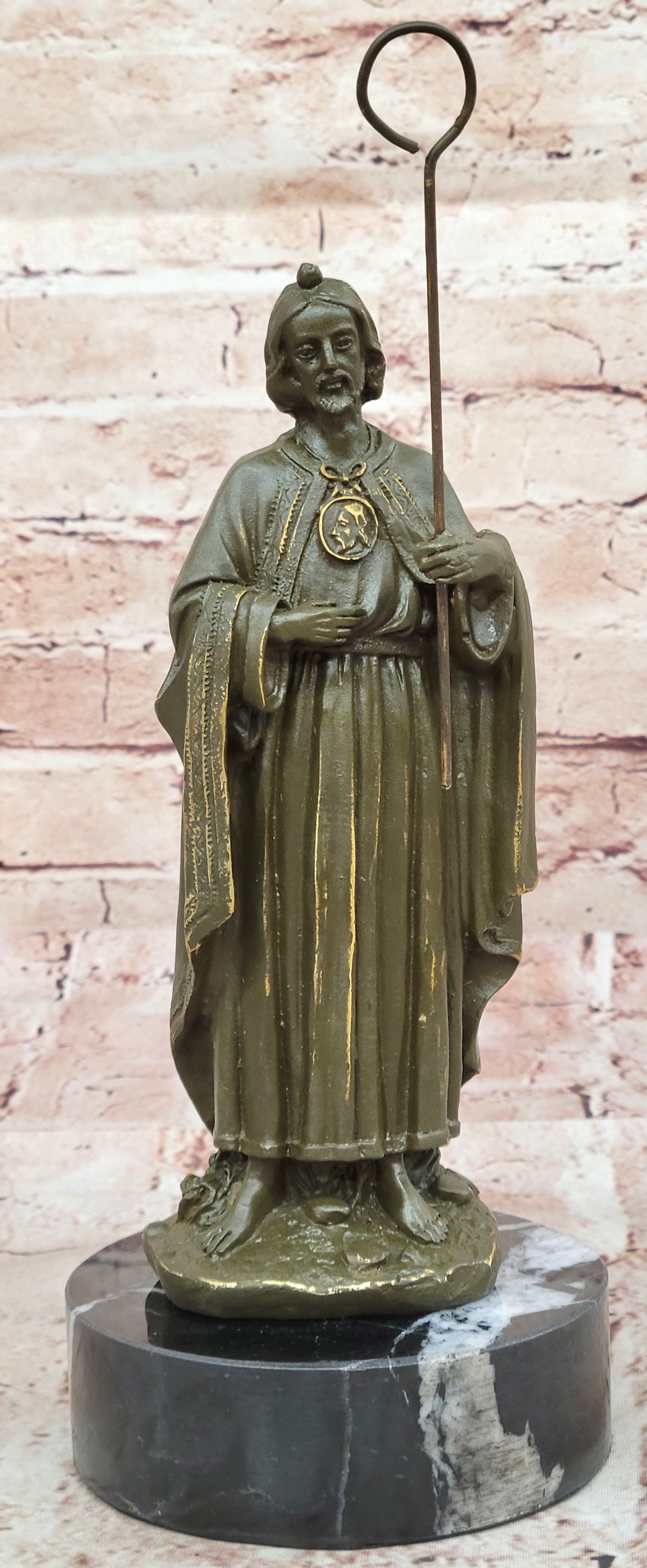 Bronze Saint Jude Sculpture Holding Staff on Marble Base