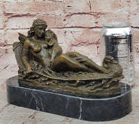 Bronze Fairy and Child in Swan Boat on Marble Base