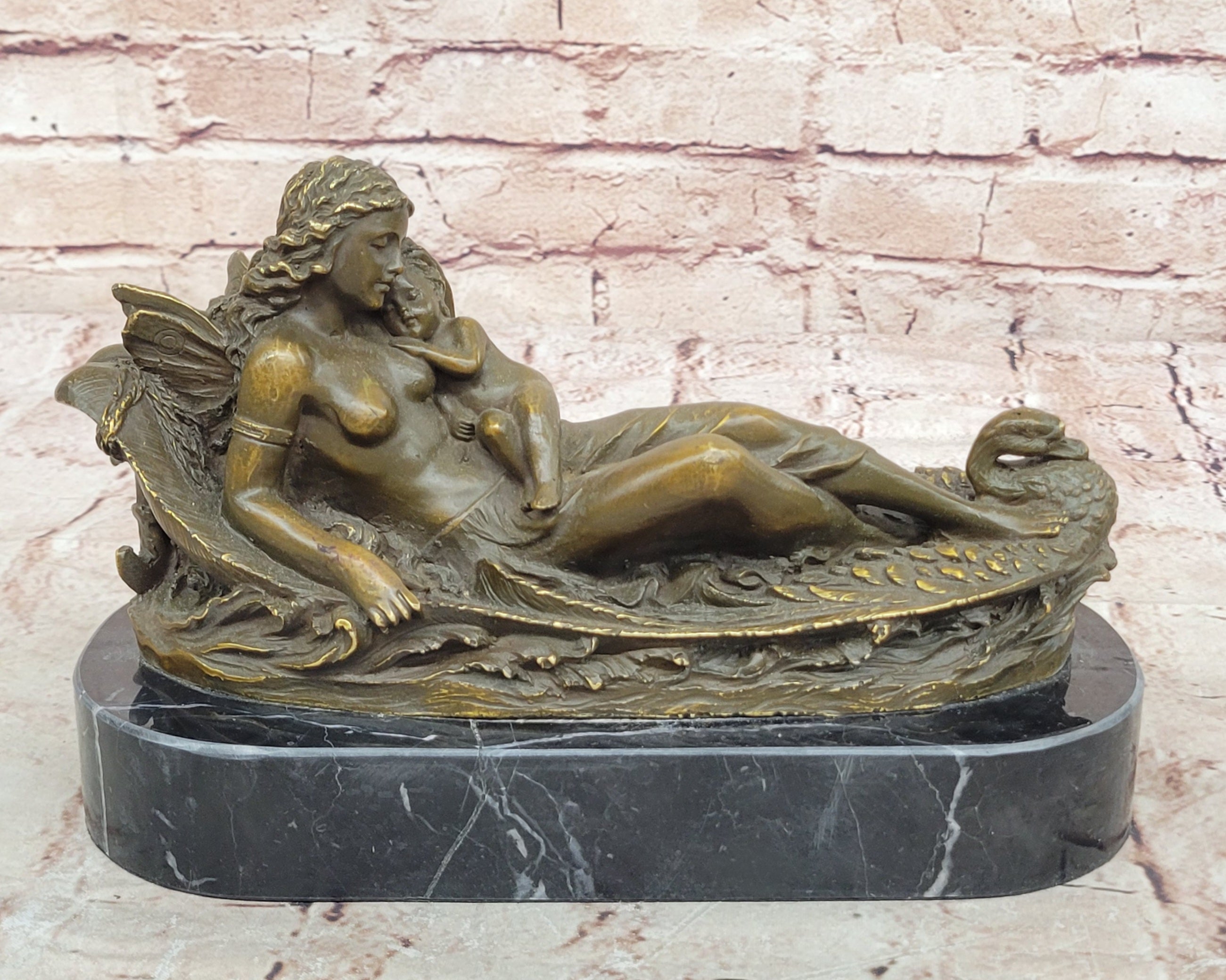 Bronze Fairy and Child in Swan Boat on Marble Base