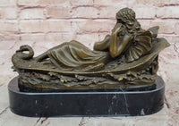 Bronze Fairy and Child in Swan Boat on Marble Base