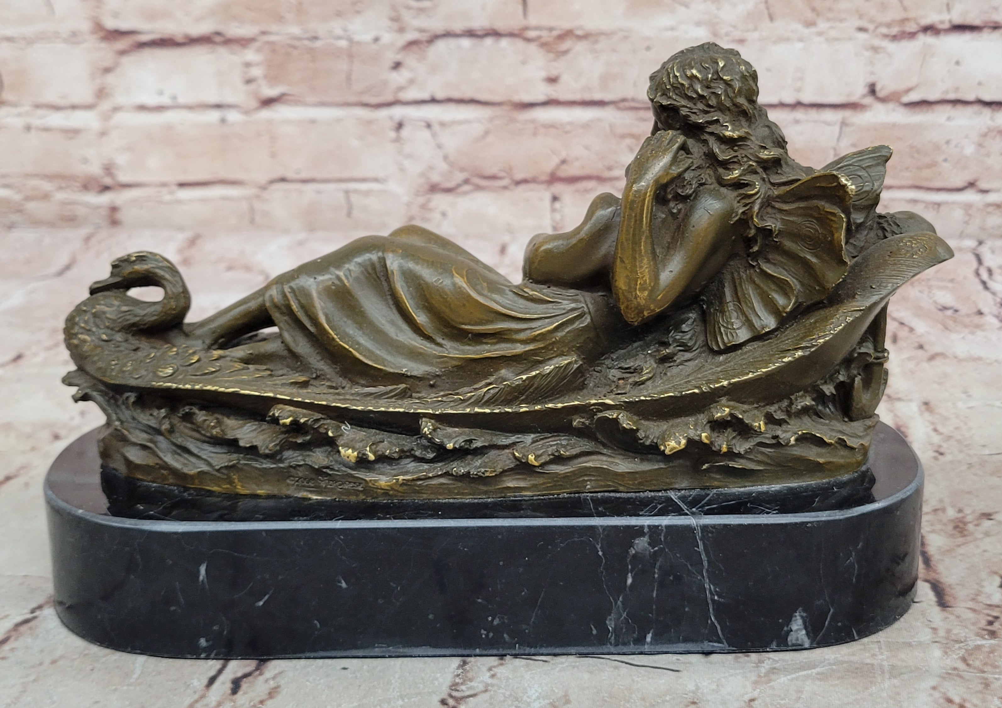 Bronze Fairy and Child in Swan Boat on Marble Base