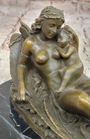 Bronze Fairy and Child in Swan Boat on Marble Base