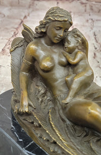 Bronze Fairy and Child in Swan Boat on Marble Base
