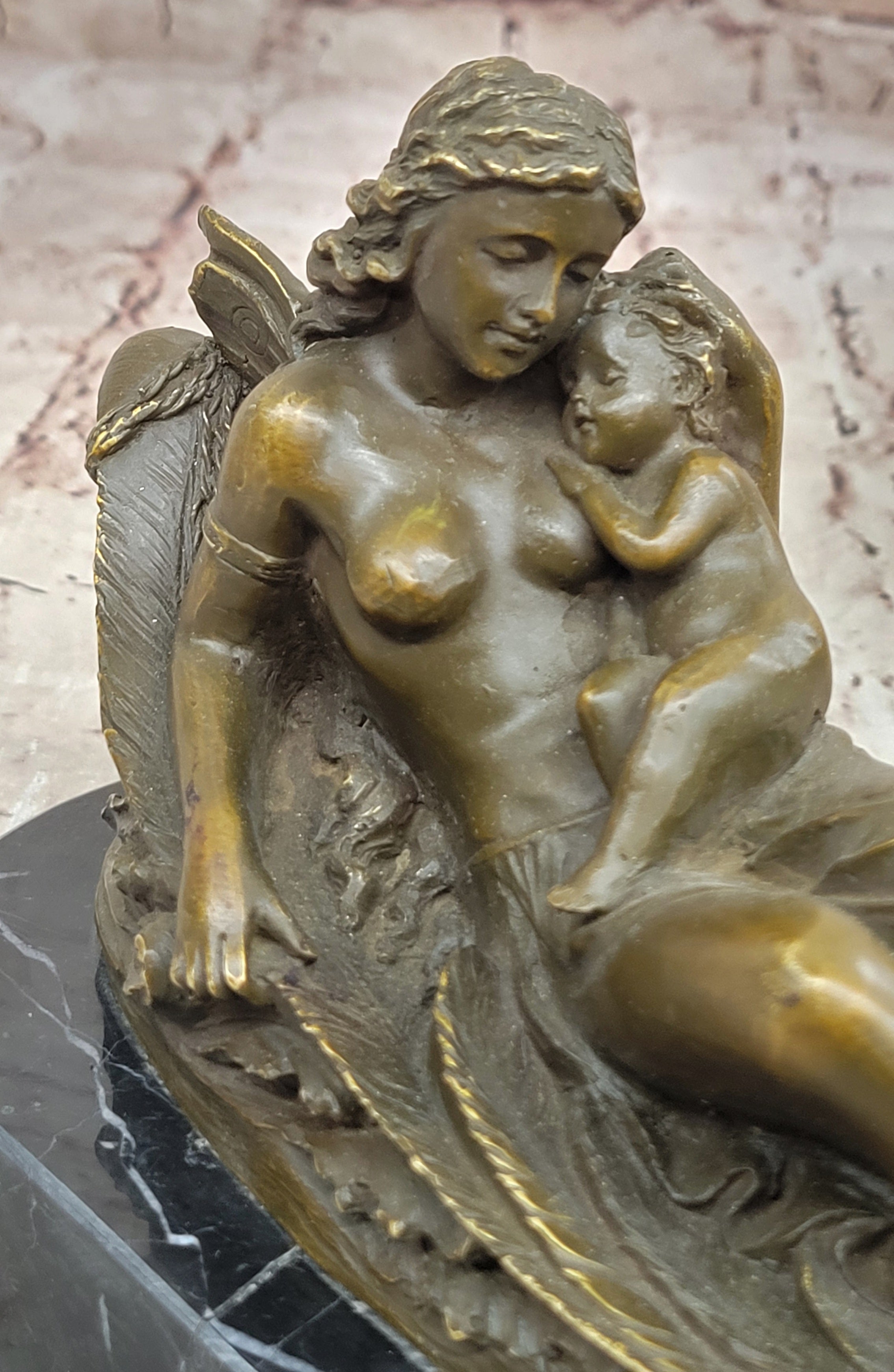 Bronze Fairy and Child in Swan Boat on Marble Base