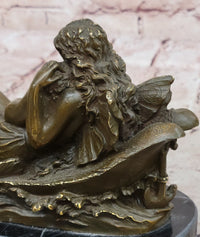Bronze Fairy and Child in Swan Boat on Marble Base