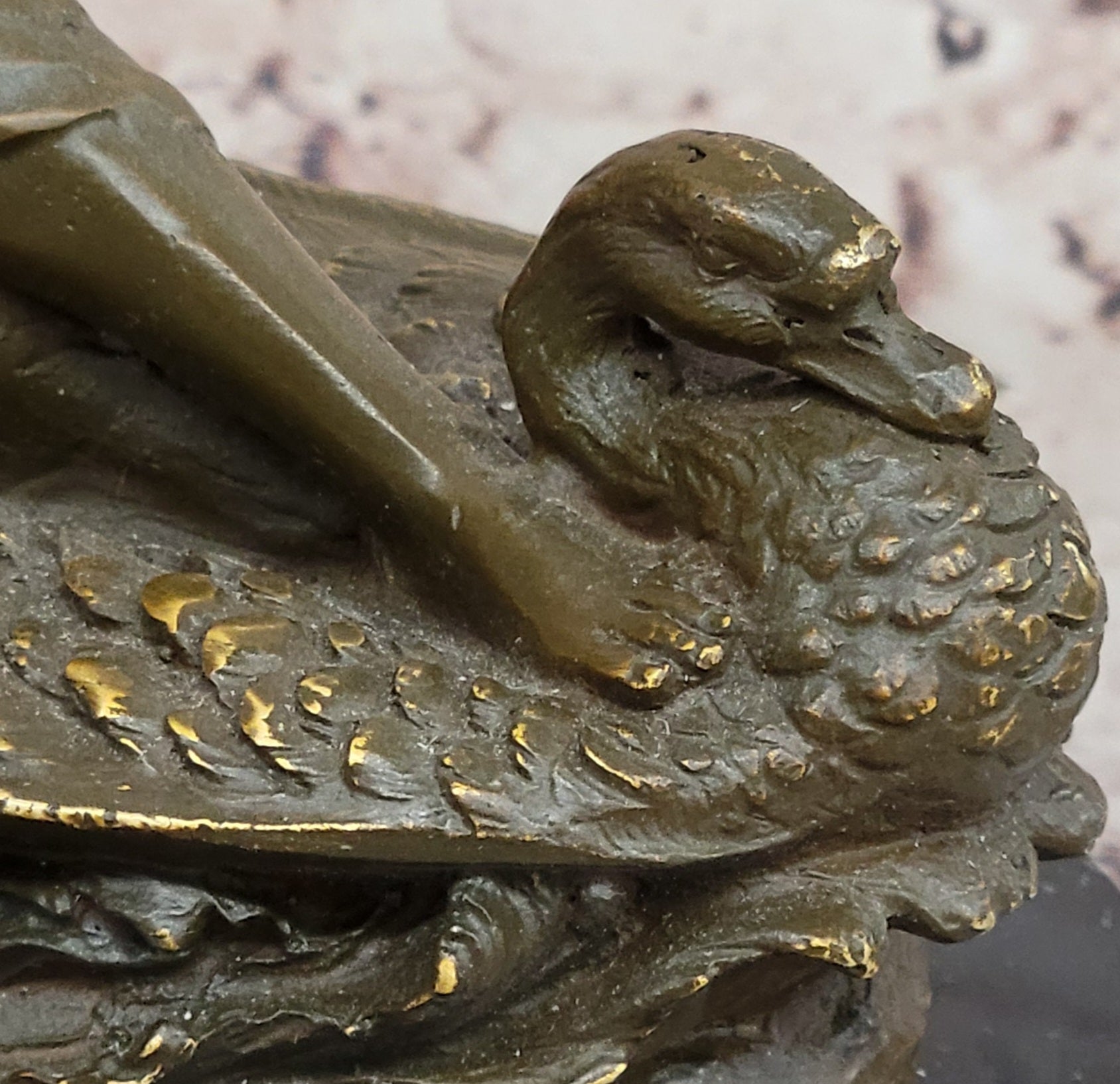 Bronze Fairy and Child in Swan Boat on Marble Base