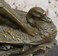 Bronze Fairy and Child in Swan Boat on Marble Base