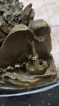 Bronze Fairy and Child in Swan Boat on Marble Base