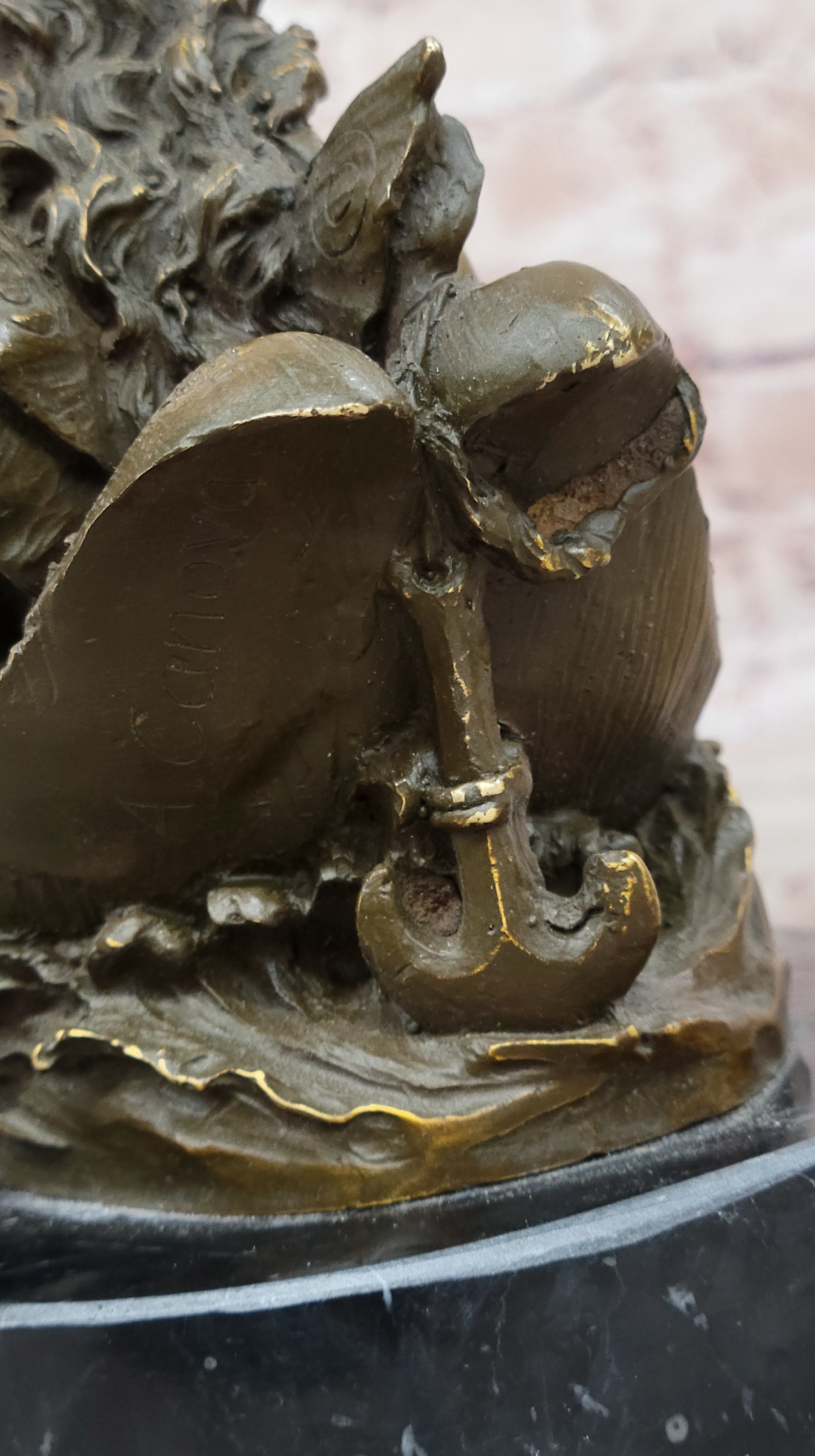 Bronze Fairy and Child in Swan Boat on Marble Base