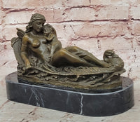 Bronze Fairy and Child in Swan Boat on Marble Base