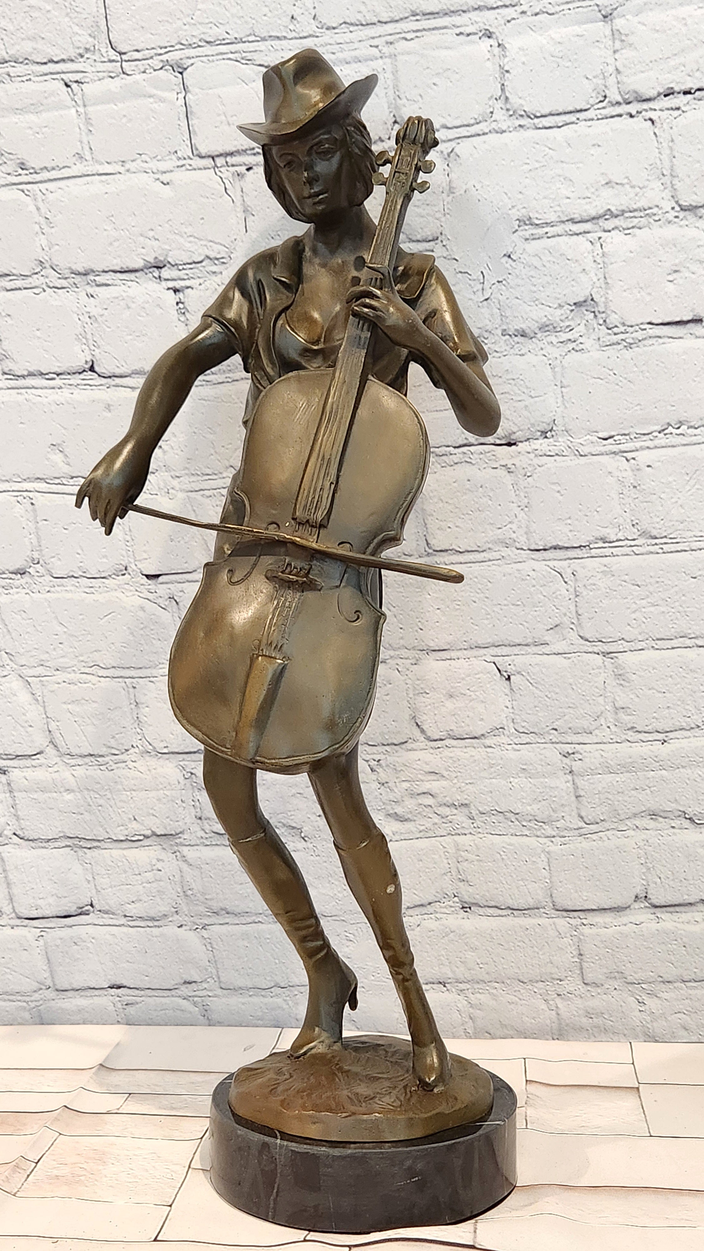 Large Bronze Sculpture Music Woman Cowgirl Art Statue Cello Player by Anderson