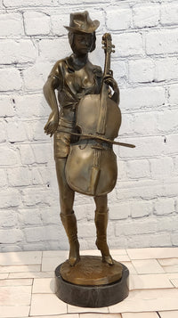 Large Bronze Sculpture Music Woman Cowgirl Art Statue Cello Player by Anderson
