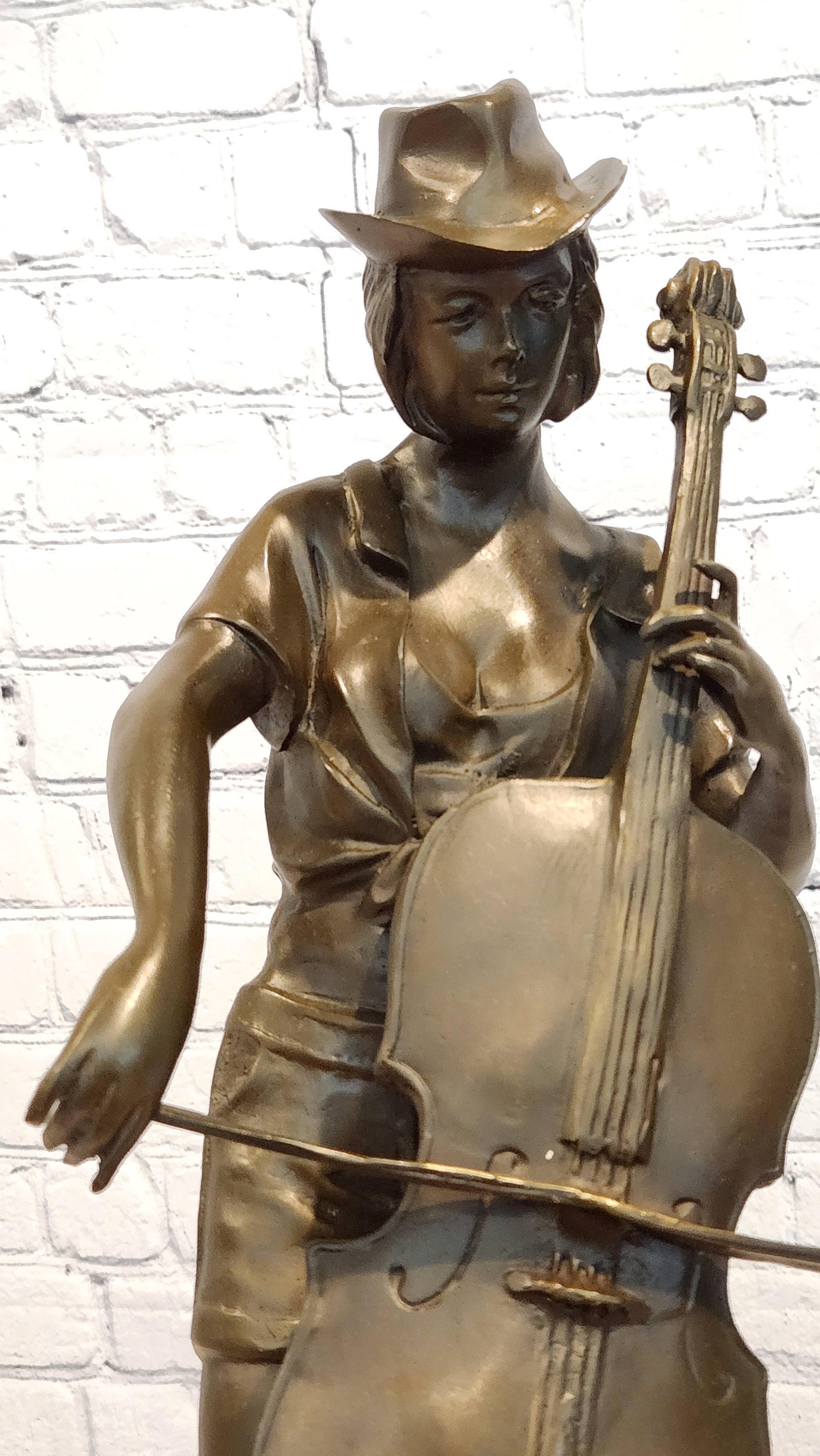 Large Bronze Sculpture Music Woman Cowgirl Art Statue Cello Player by Anderson