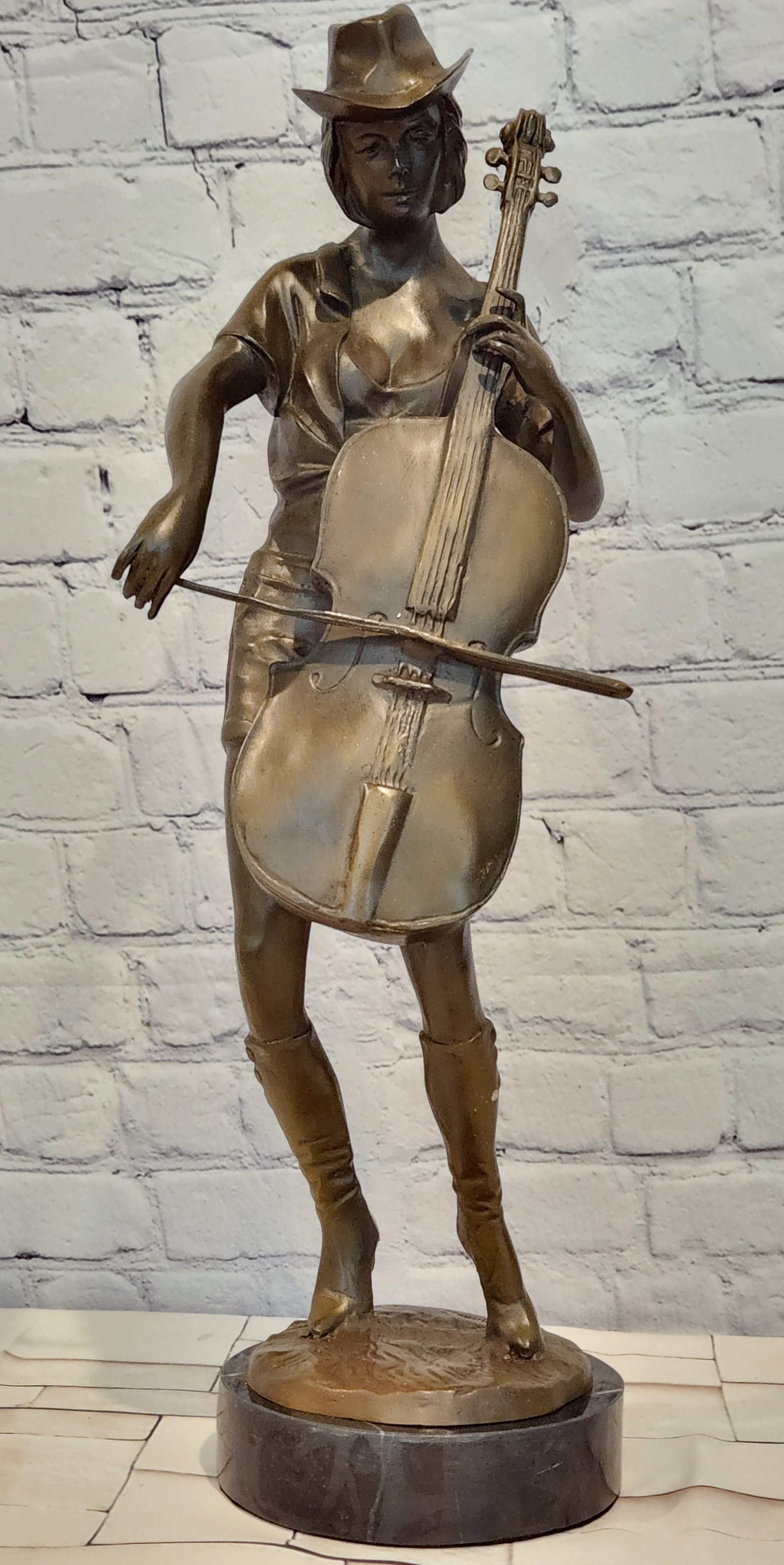 Large Bronze Sculpture Music Woman Cowgirl Art Statue Cello Player by Anderson