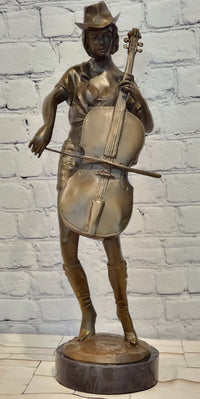 Large Bronze Sculpture Music Woman Cowgirl Art Statue Cello Player by Anderson