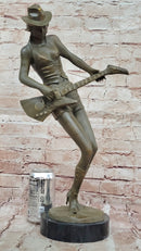 Rock and Roll Girl Guitarist Bronze Sculpture on Base
