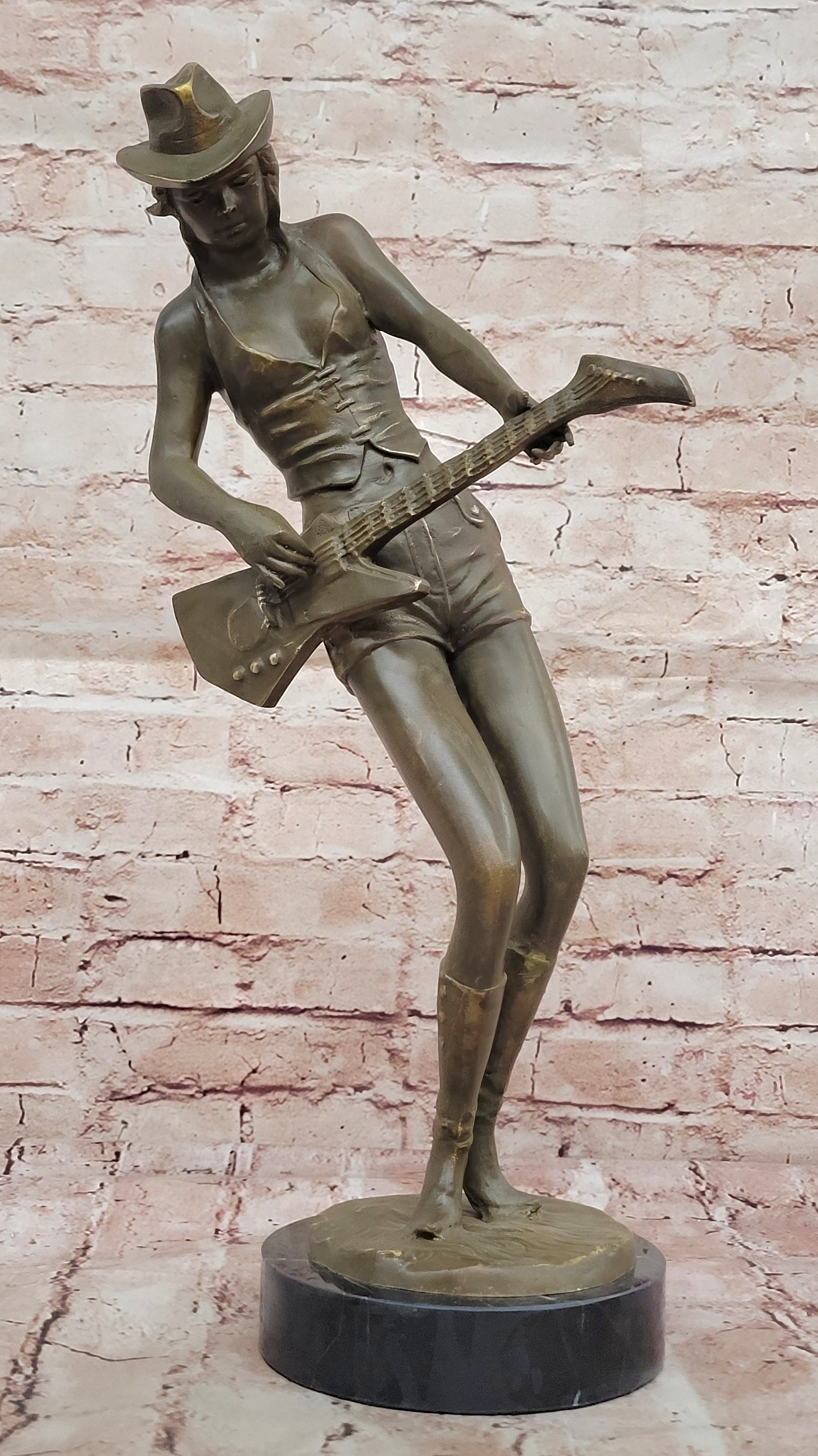 Rock and Roll Girl Guitarist Bronze Sculpture on Base