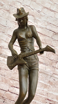 Rock and Roll Girl Guitarist Bronze Sculpture on Base
