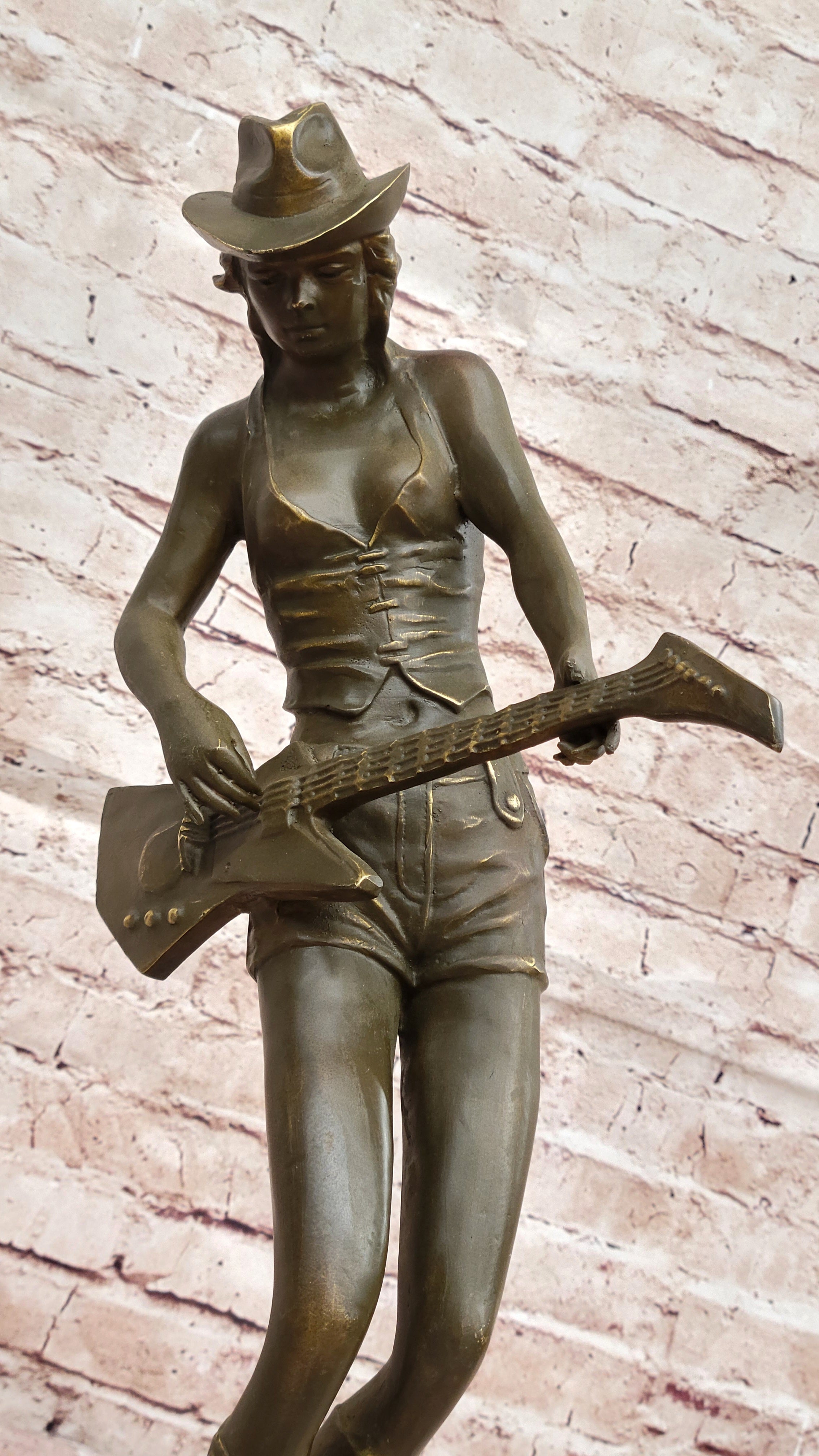 Rock and Roll Girl Guitarist Bronze Sculpture on Base