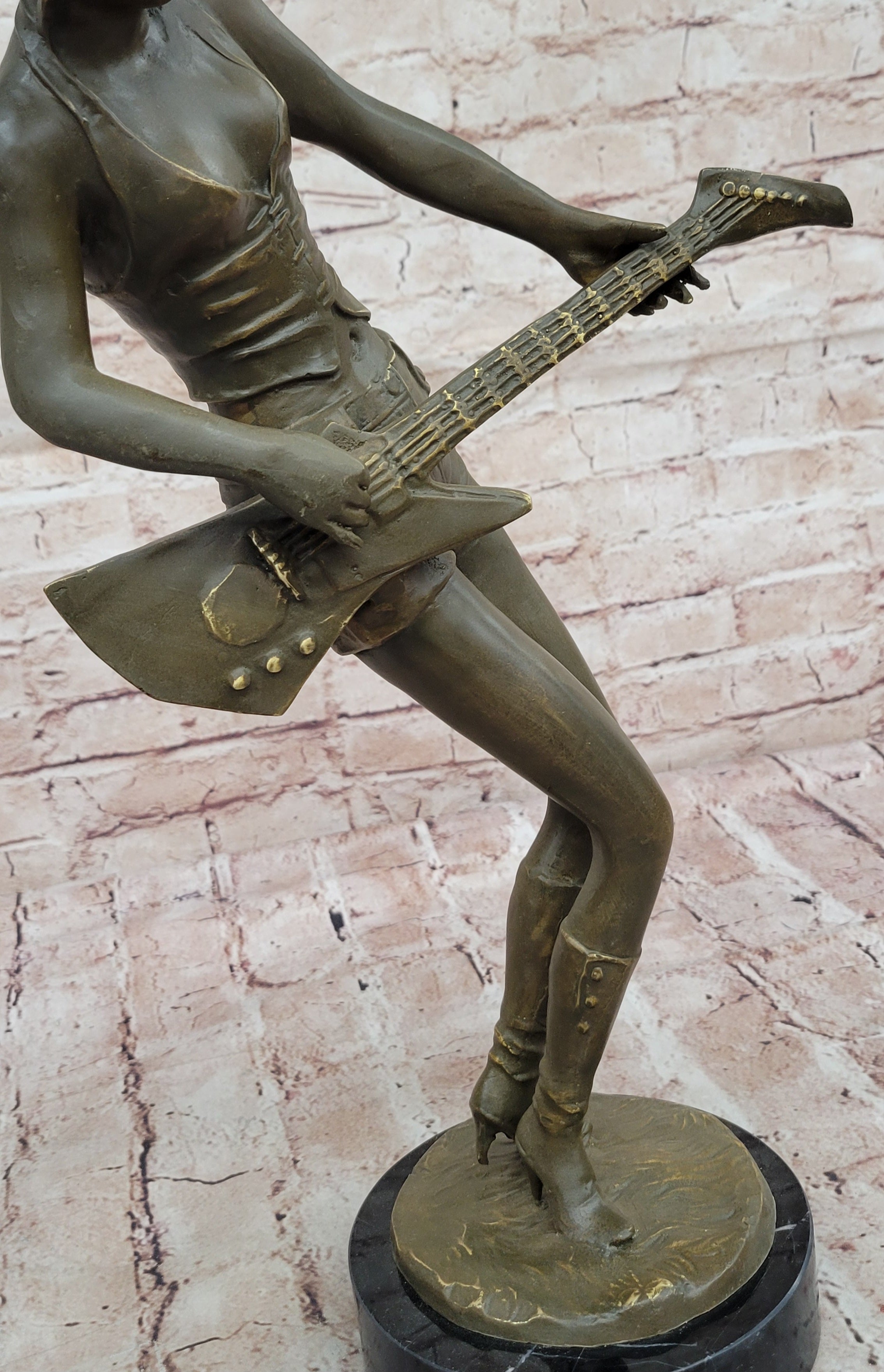 Rock and Roll Girl Guitarist Bronze Sculpture on Base