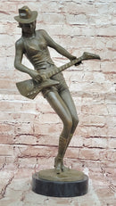 Rock and Roll Girl Guitarist Bronze Sculpture on Base