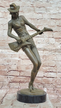 Rock and Roll Girl Guitarist Bronze Sculpture on Base