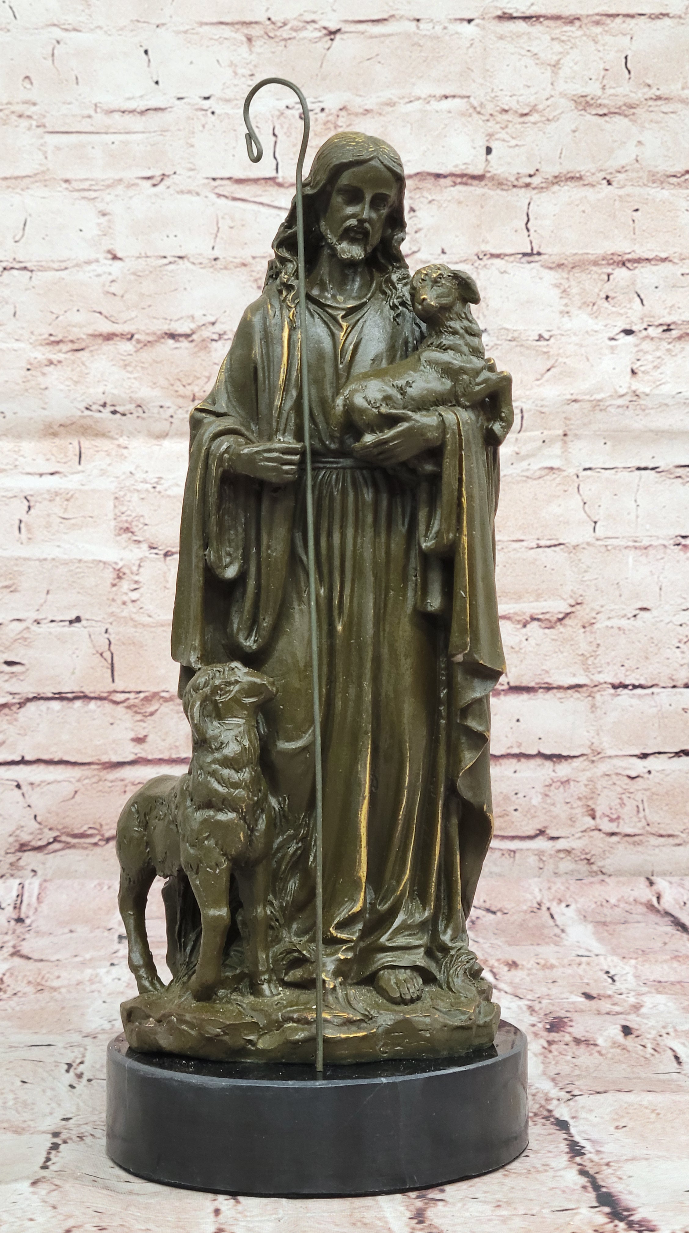 Jesus as Shepherd with Lambs Bronze Sculpture