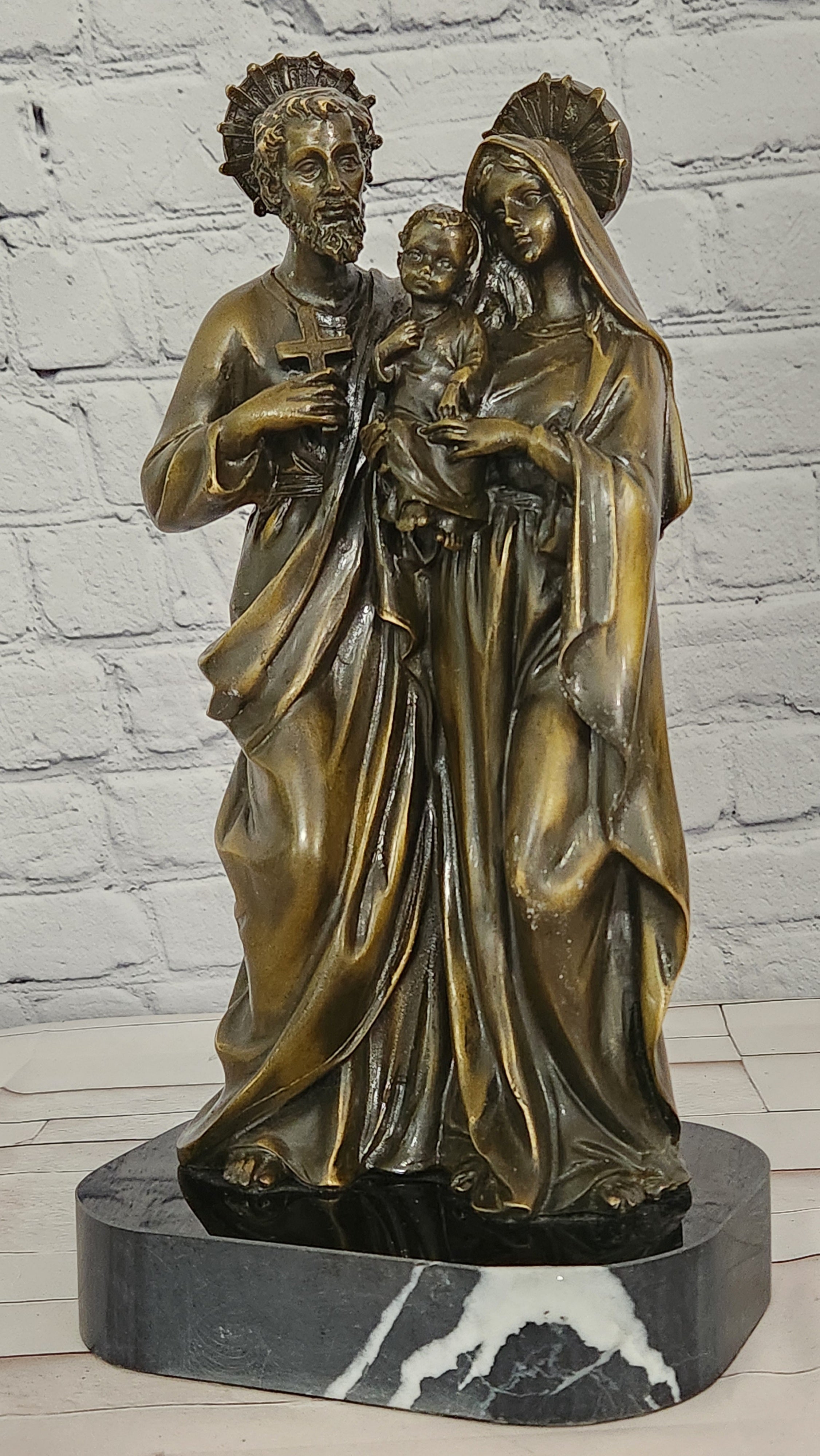 Holy Family Genuine Bronze Sculpture Religious Figurine Signed Valli Artwork Art