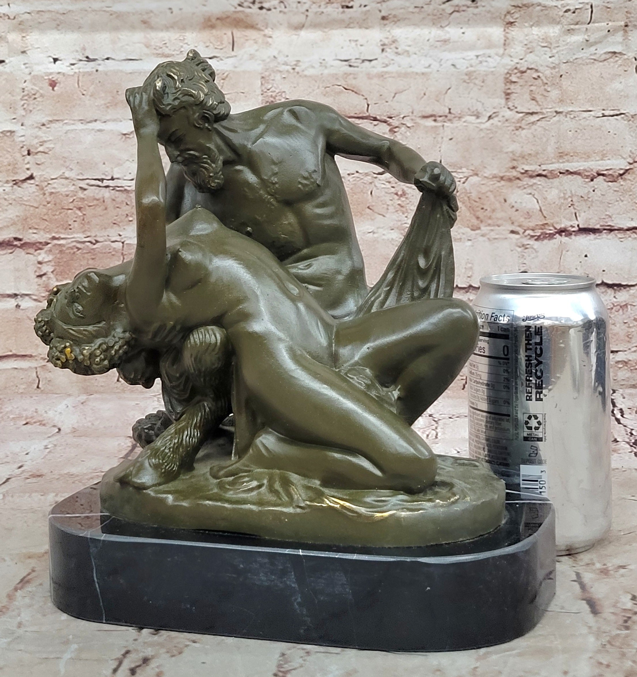 Bronze Satyr and Nymph Bacchante Sculpture on Marble Base