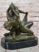 Bronze Satyr and Nymph Bacchante Sculpture on Marble Base