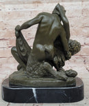 Bronze Satyr and Nymph Bacchante Sculpture on Marble Base
