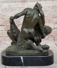 Bronze Satyr and Nymph Bacchante Sculpture on Marble Base