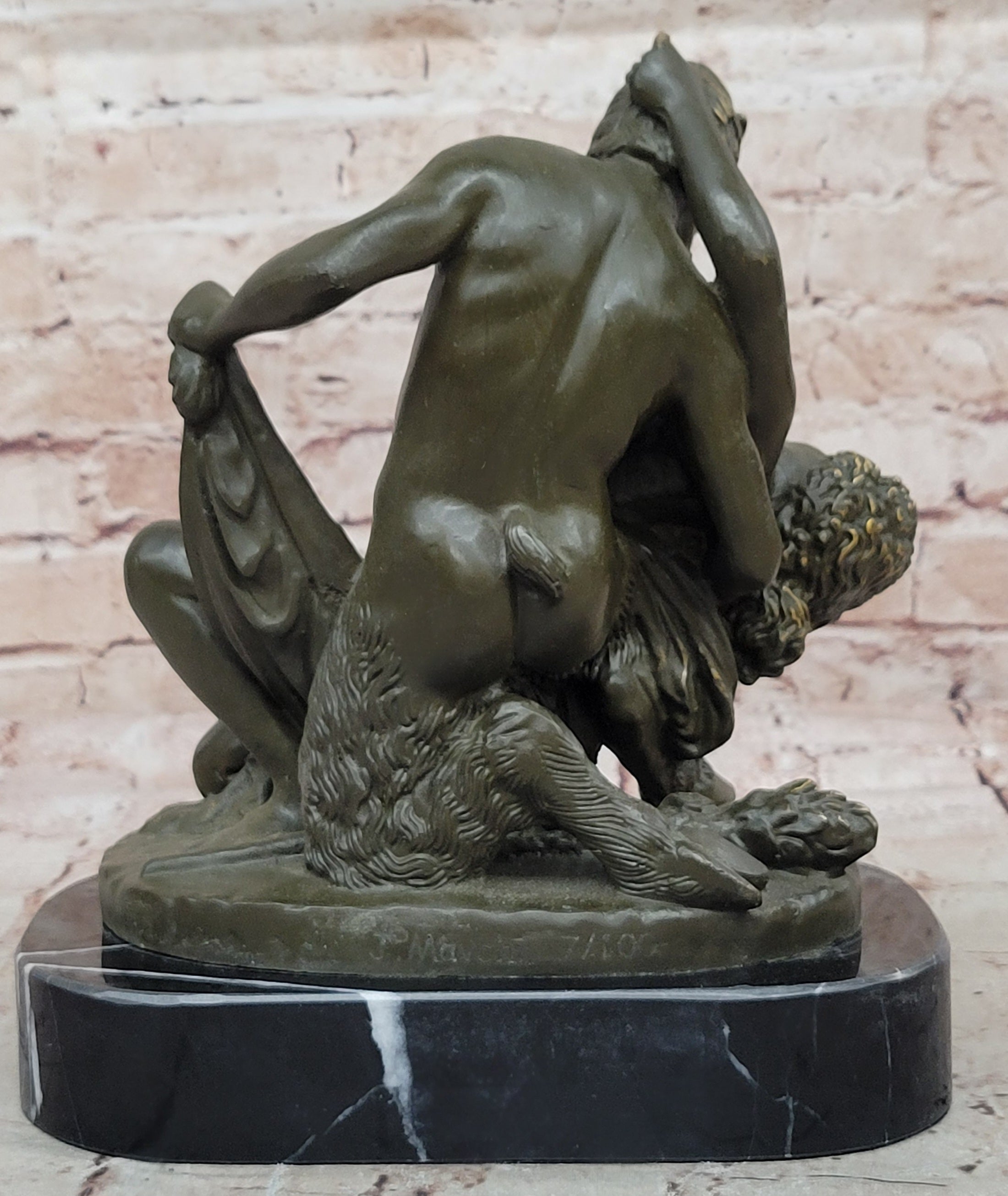 Bronze Satyr and Nymph Bacchante Sculpture on Marble Base