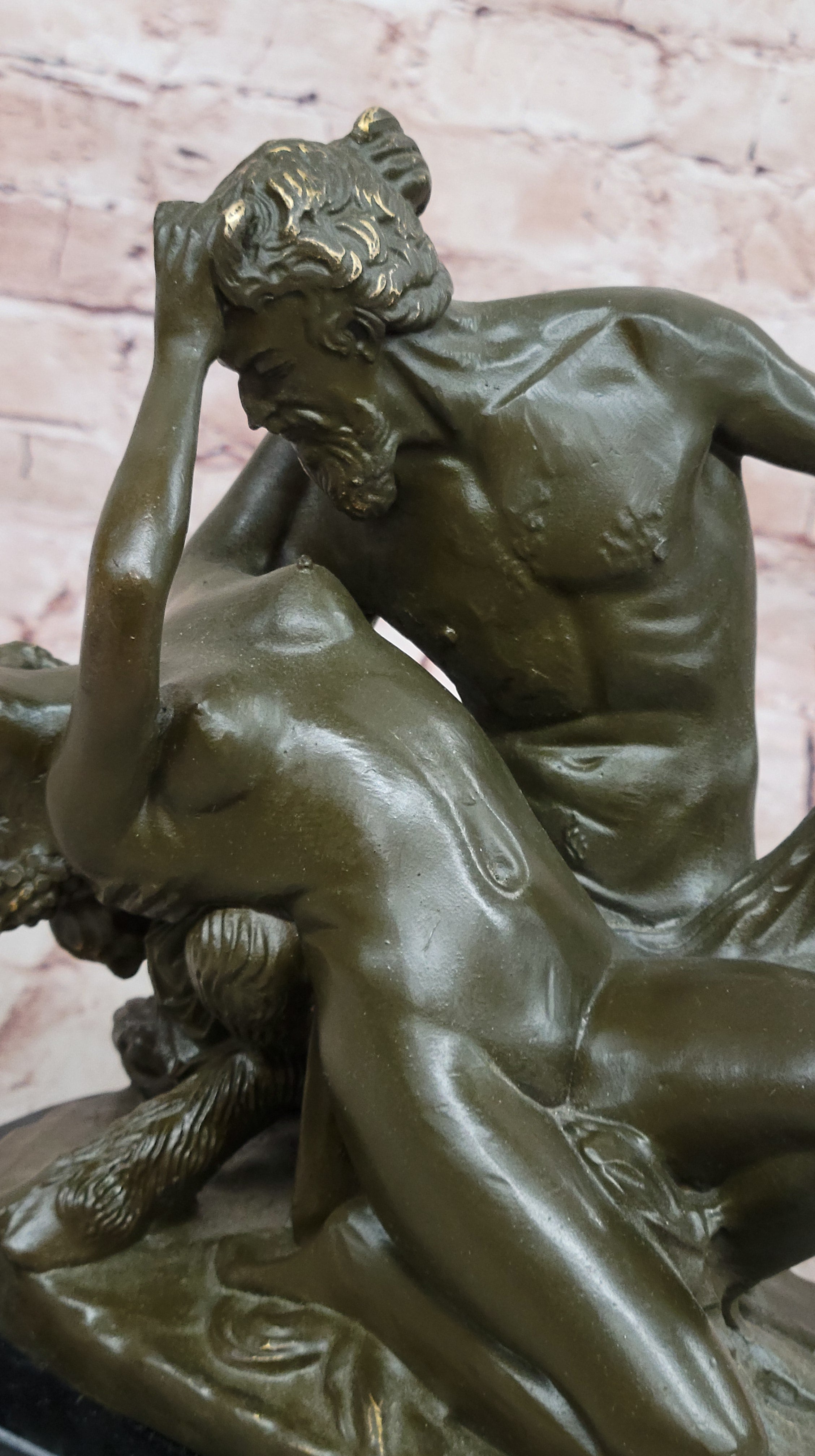 Bronze Satyr and Nymph Bacchante Sculpture on Marble Base