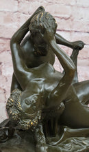 Bronze Satyr and Nymph Bacchante Sculpture on Marble Base